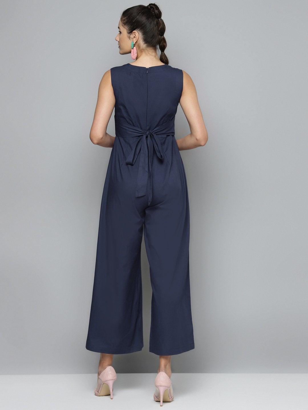 Women's Navy Tie Up Jumpsuit - SASSAFRAS - Indiakreations