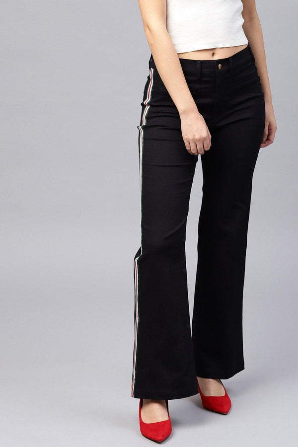 Women's Black Side Tape Bell Bottom Pants - SASSAFRAS - Indiakreations