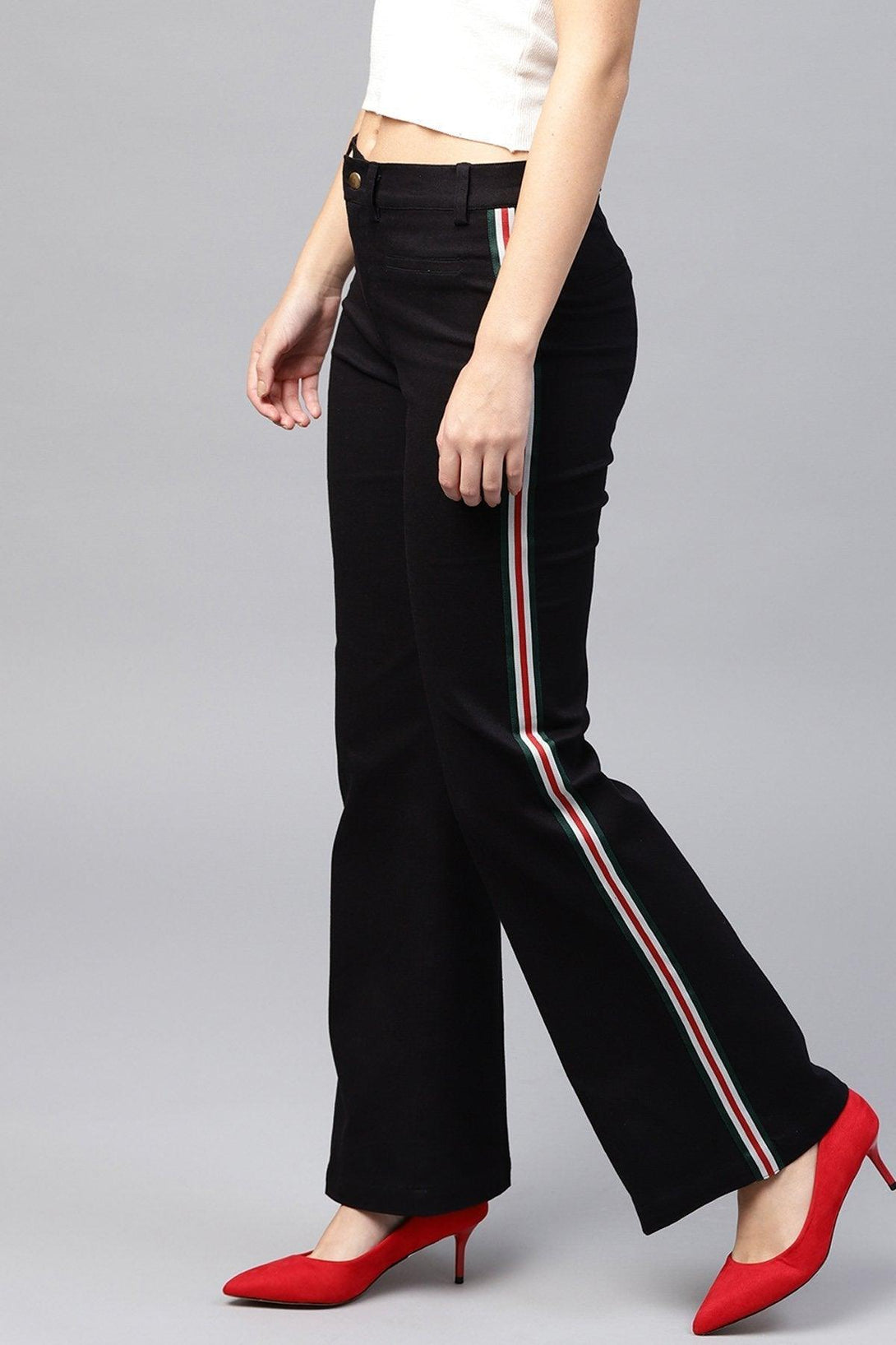 Women's Black Side Tape Bell Bottom Pants - SASSAFRAS - Indiakreations