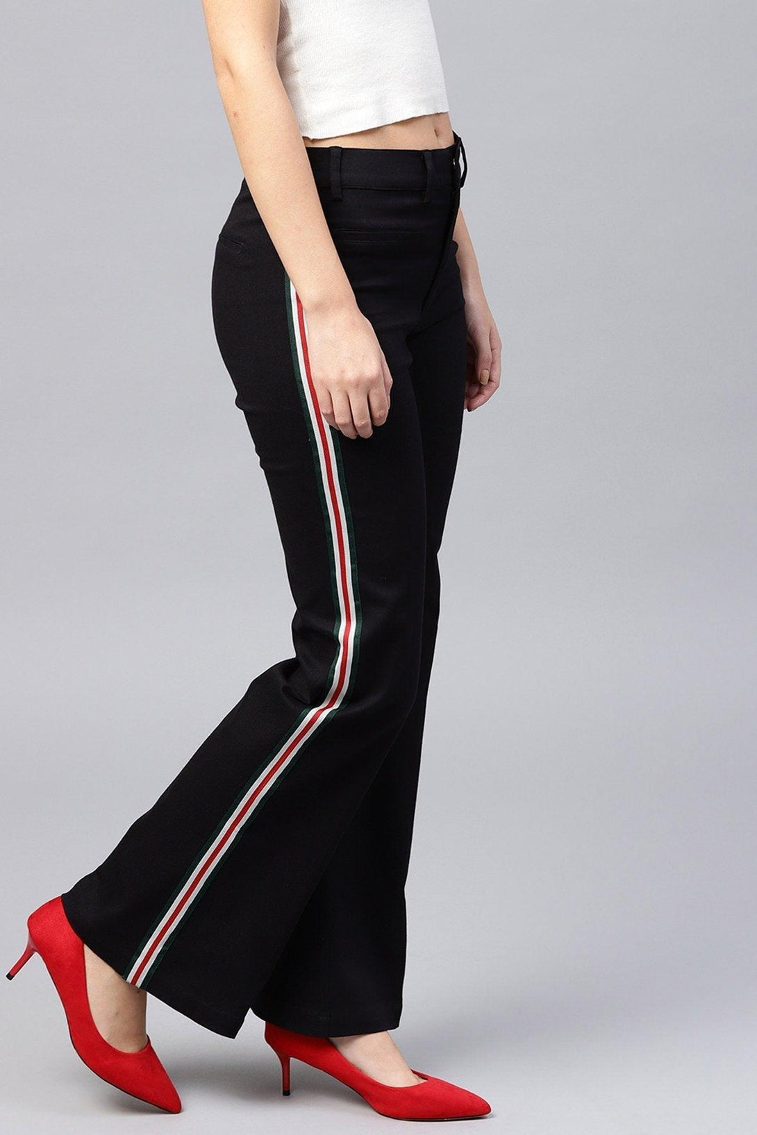 Women's Black Side Tape Bell Bottom Pants - SASSAFRAS - Indiakreations