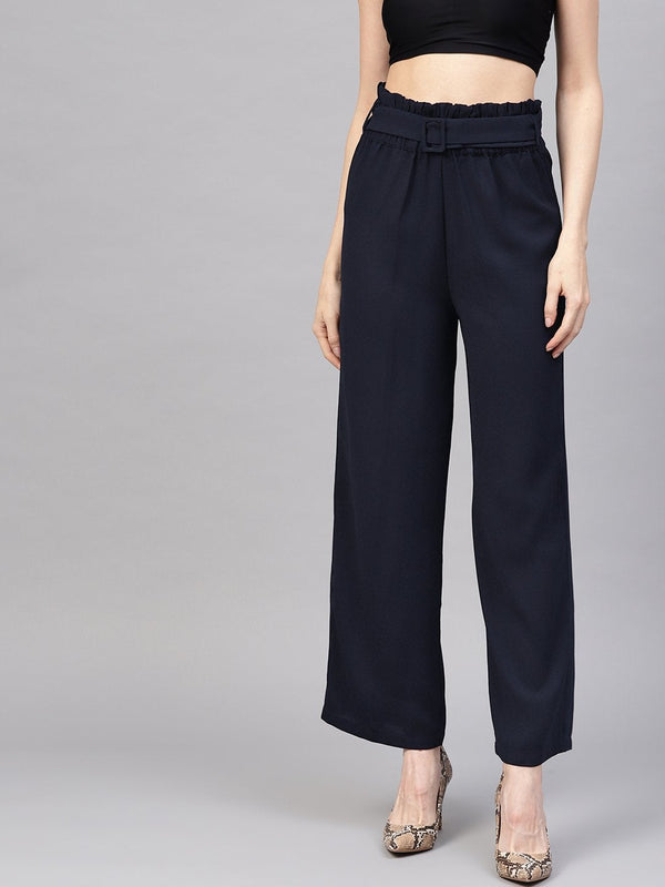 Women's Navy Paper Bag Belted Pant - SASSAFRAS