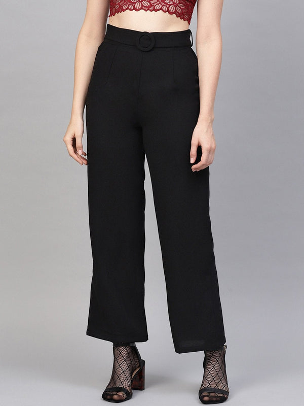 Women's Black Flared Buckle Belted Pant - SASSAFRAS