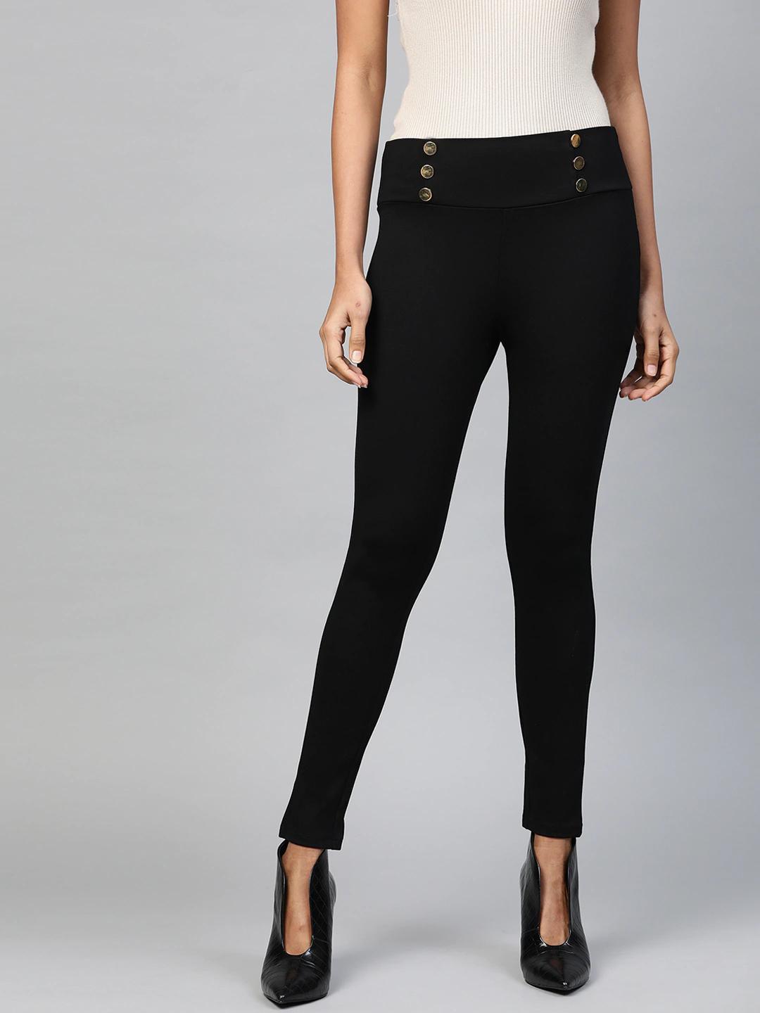 Women's Black Mock Button High Waist Jeggings - SASSAFRAS - Indiakreations