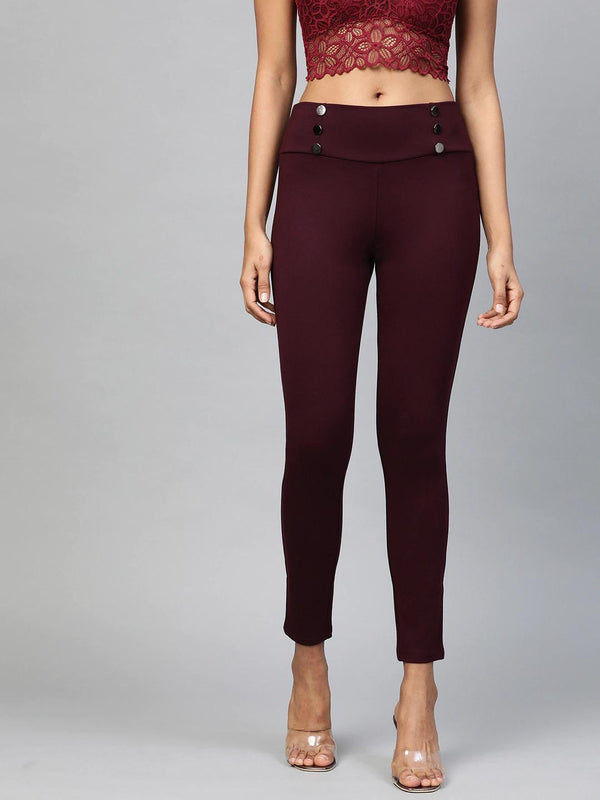 Women's Burgundy Mock Button High Waist Jeggings - SASSAFRAS - Indiakreations