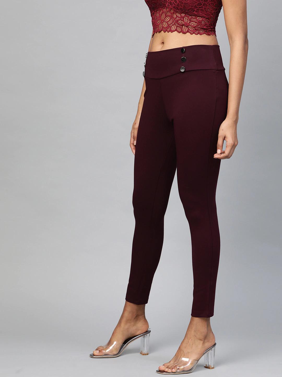 Women's Burgundy Mock Button High Waist Jeggings - SASSAFRAS - Indiakreations