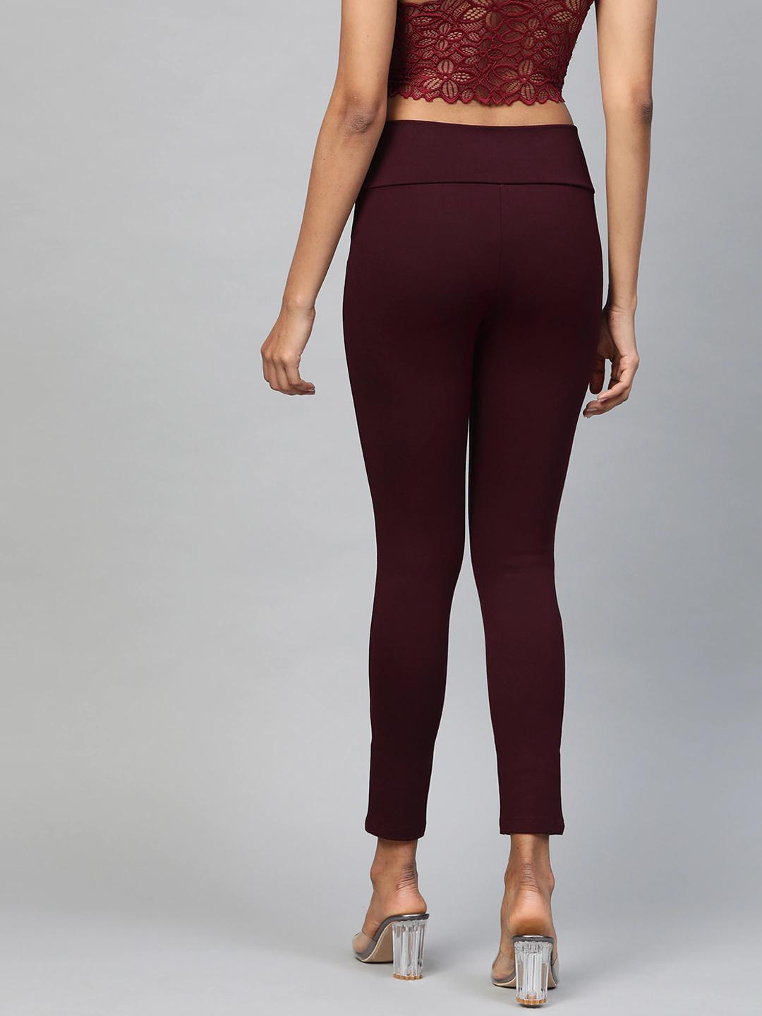 Women's Burgundy Mock Button High Waist Jeggings - SASSAFRAS - Indiakreations