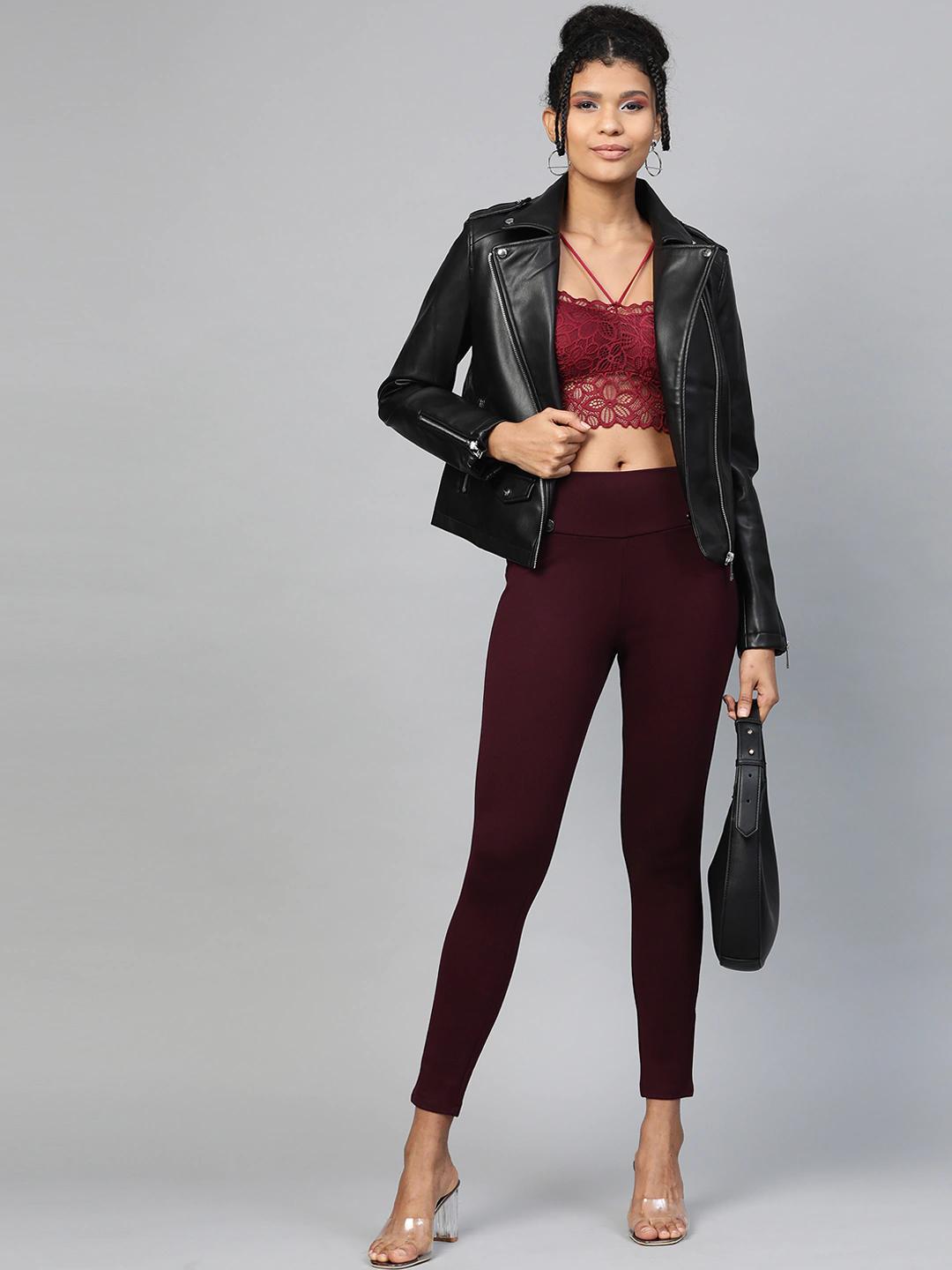 Women's Burgundy Mock Button High Waist Jeggings - SASSAFRAS - Indiakreations