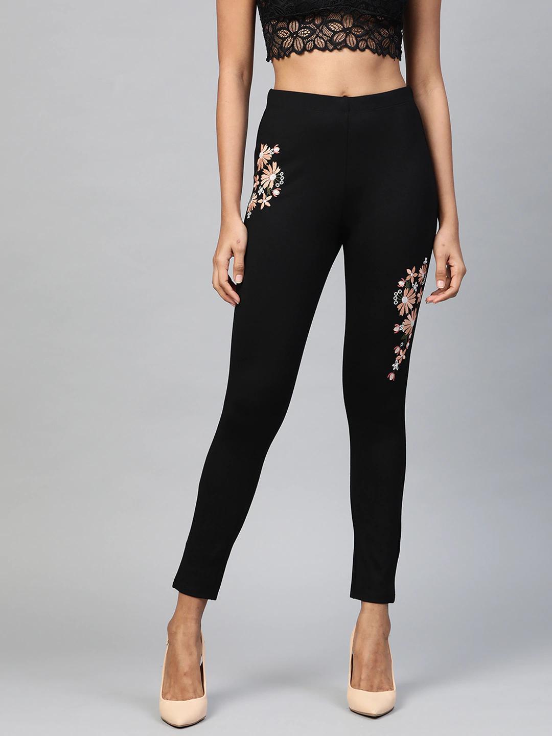 Women's Black Embroidered Jeggings - SASSAFRAS - Indiakreations