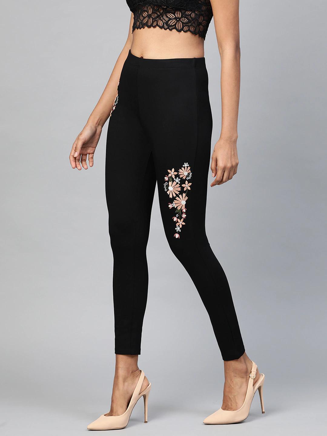 Women's Black Embroidered Jeggings - SASSAFRAS - Indiakreations