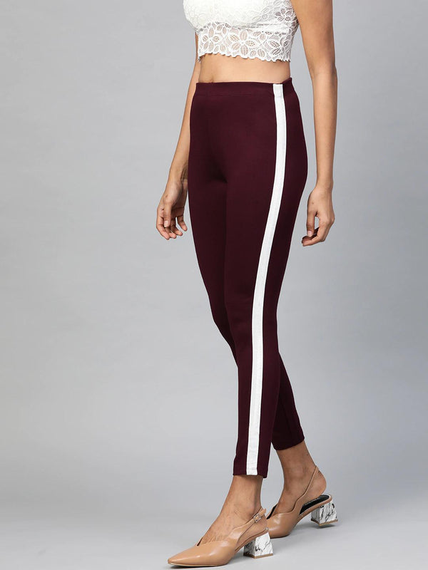 Women's Burgundy Side Tape Jeggings - SASSAFRAS - Indiakreations