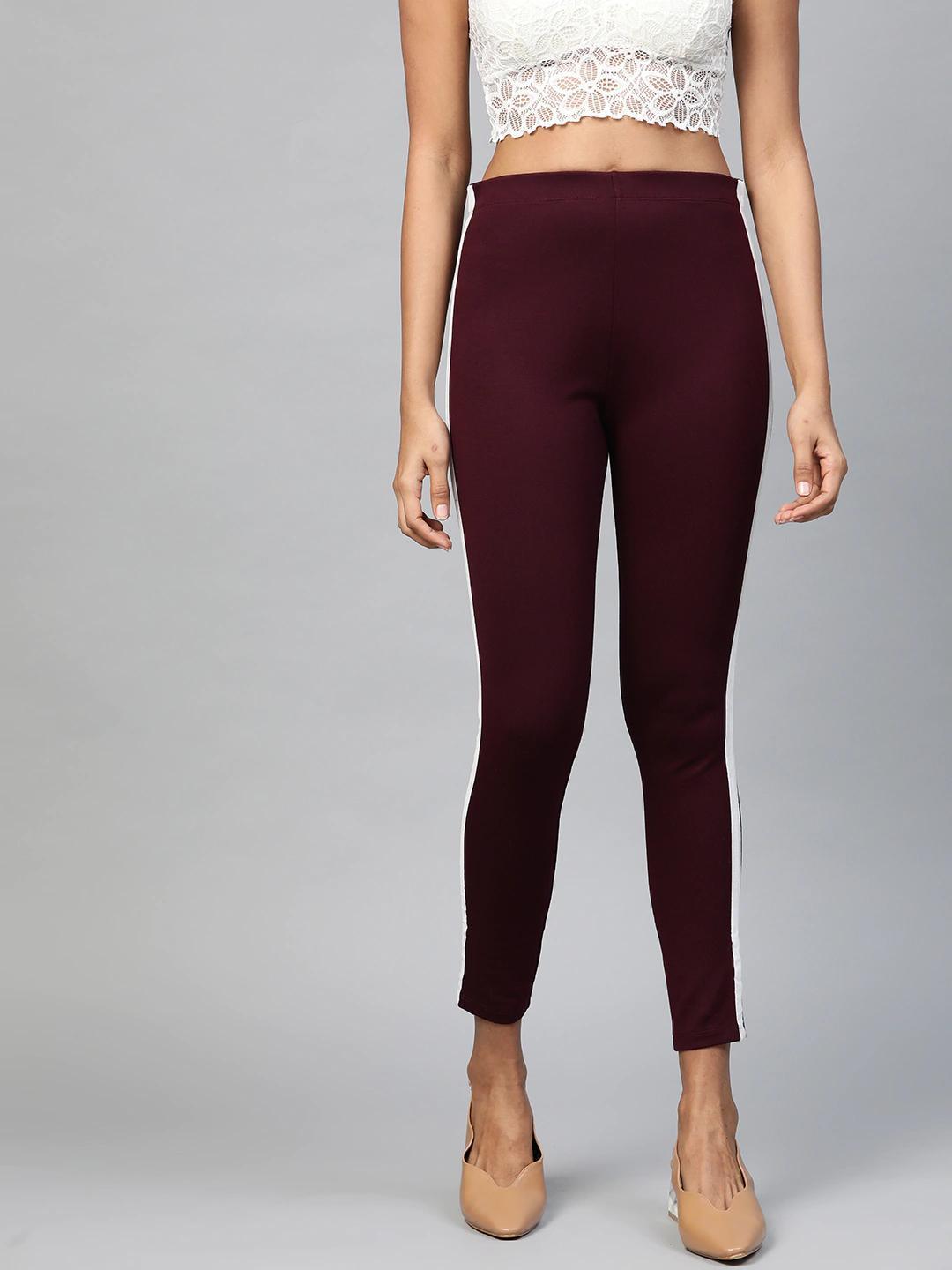 Women's Burgundy Side Tape Jeggings - SASSAFRAS - Indiakreations