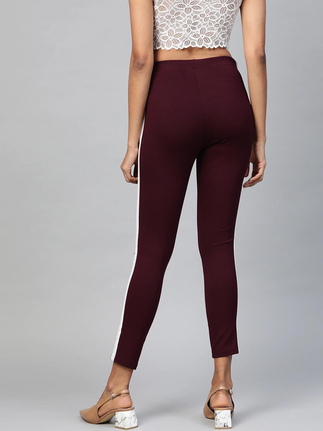 Women's Burgundy Side Tape Jeggings - SASSAFRAS - Indiakreations