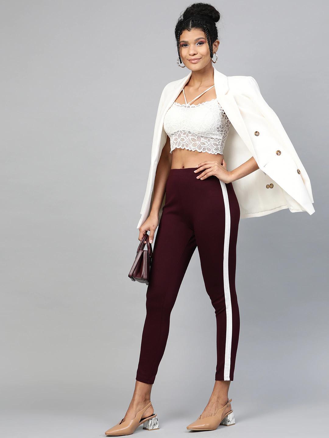 Women's Burgundy Side Tape Jeggings - SASSAFRAS - Indiakreations