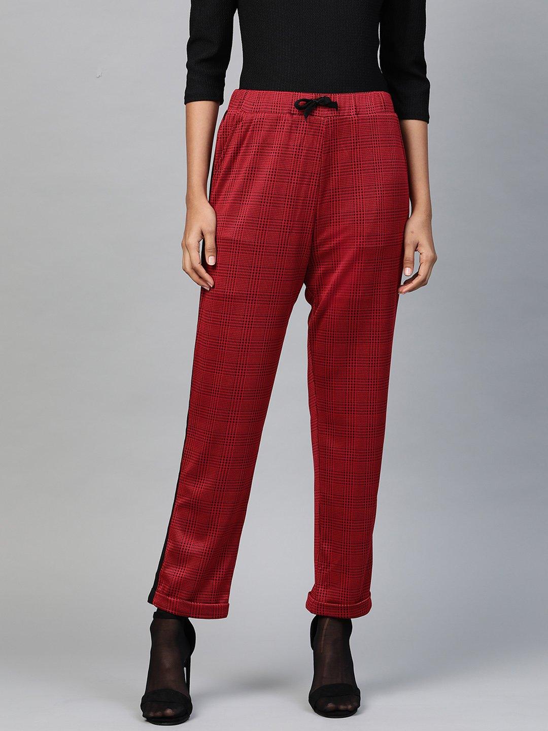 Women's Red Check Side Tape Jacquard Pants - SASSAFRAS - Indiakreations