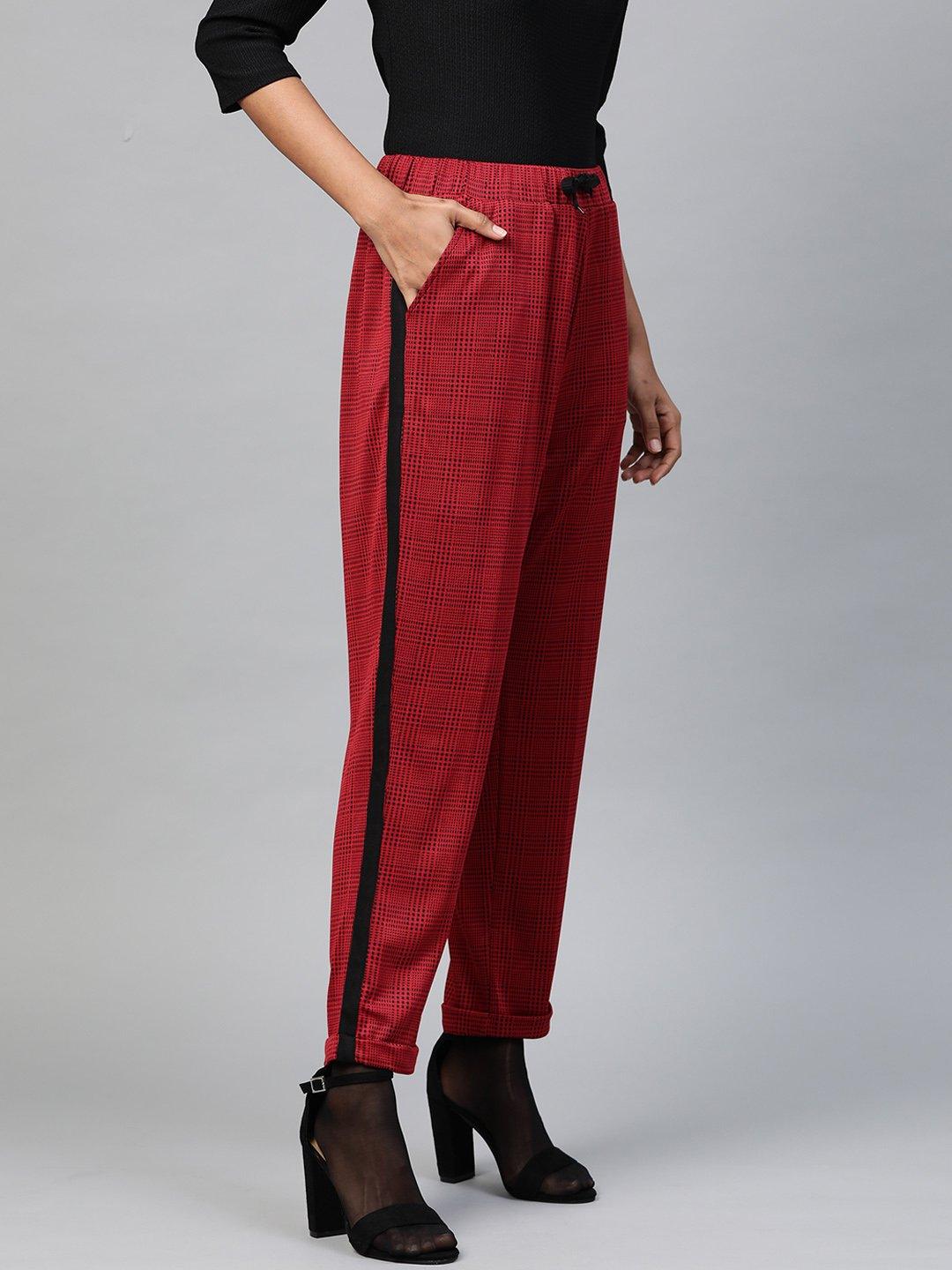 Women's Red Check Side Tape Jacquard Pants - SASSAFRAS - Indiakreations