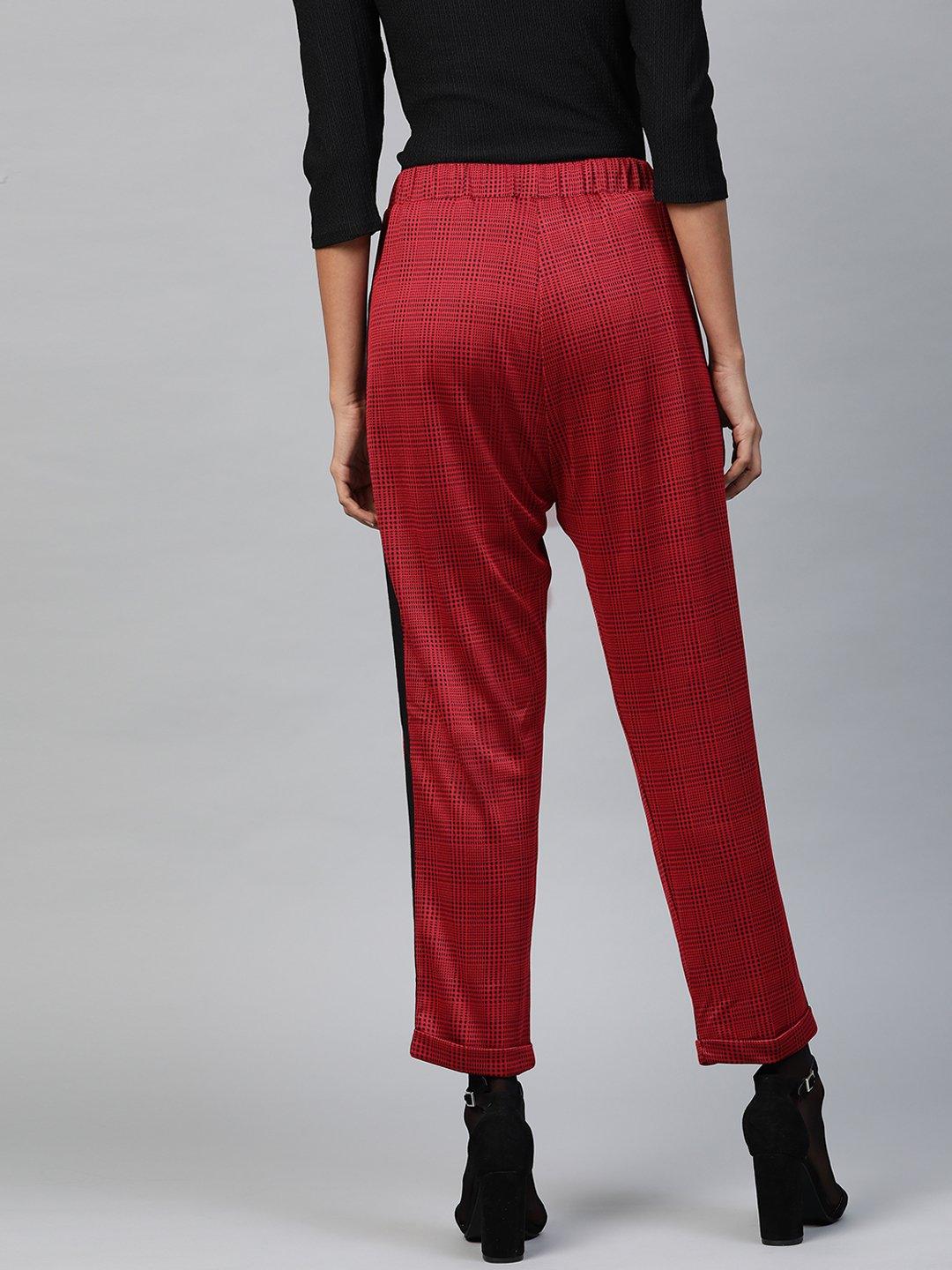 Women's Red Check Side Tape Jacquard Pants - SASSAFRAS - Indiakreations