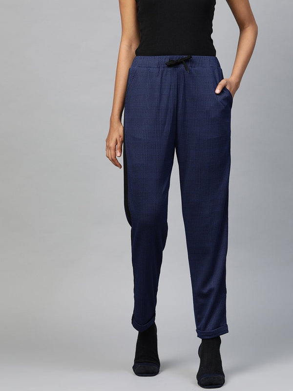 Women's Navy Check Side Tape Jacquard Pants - SASSAFRAS