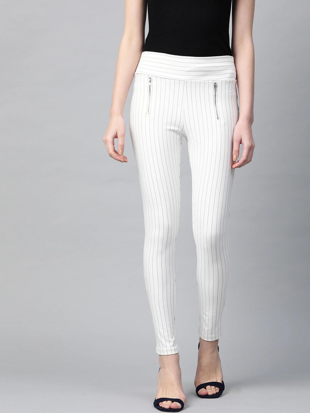 Women's White Side Zipper Striped Jeggings - SASSAFRAS - Indiakreations