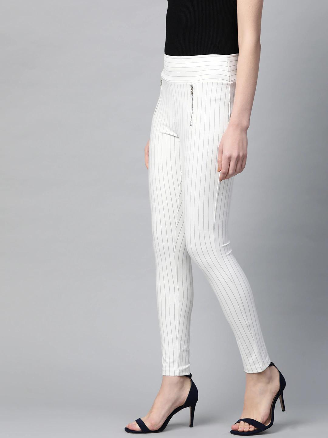 Women's White Side Zipper Striped Jeggings - SASSAFRAS - Indiakreations