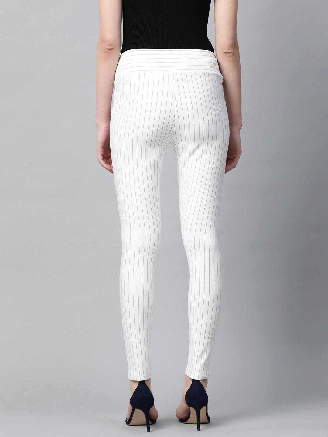 Women's White Side Zipper Striped Jeggings - SASSAFRAS - Indiakreations