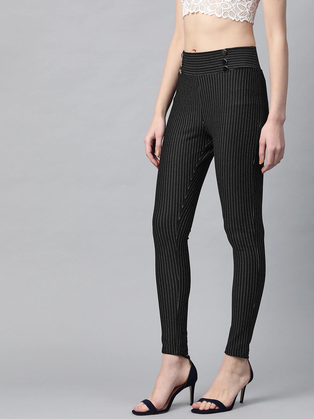 Women's Black High Waist Show Elastic Striped Jeggings - SASSAFRAS - Indiakreations