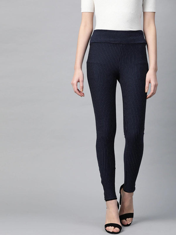 Women's Navy Zipper-At-Hem Striped Jeggings - SASSAFRAS