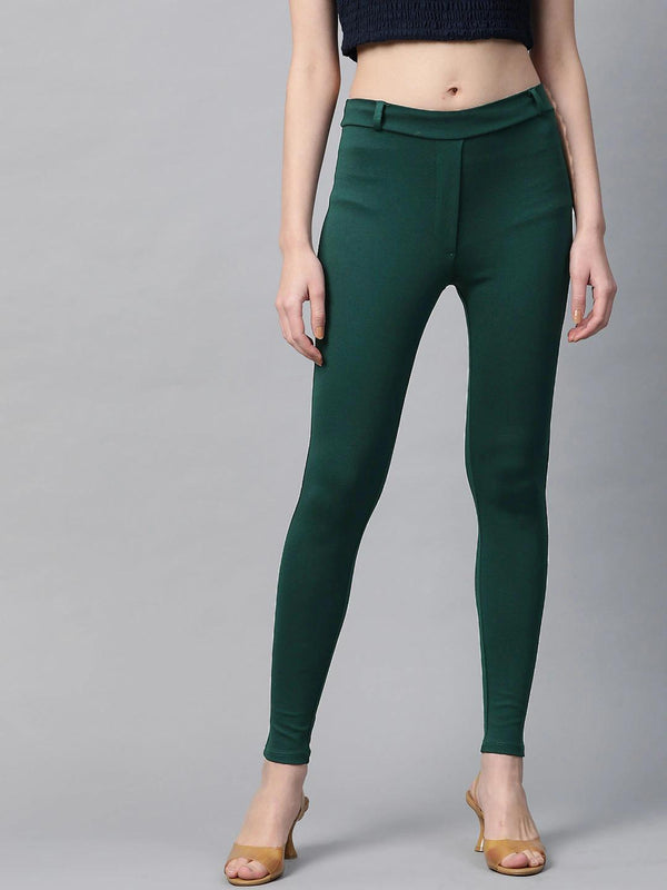 Women's Green Mock Fly Jeggings - SASSAFRAS