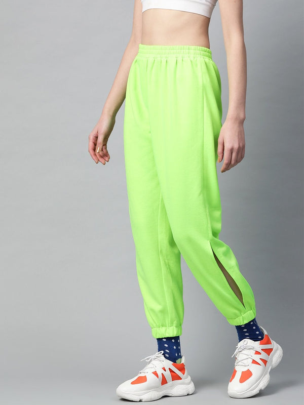 Women's Neon Green Side Slit Fleece Jogger Pants - SASSAFRAS