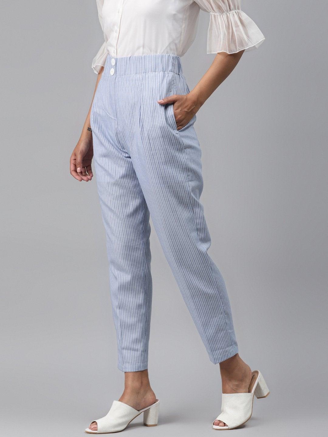 Women's Blue Stripes Tapered Pants - SASSAFRAS - Indiakreations