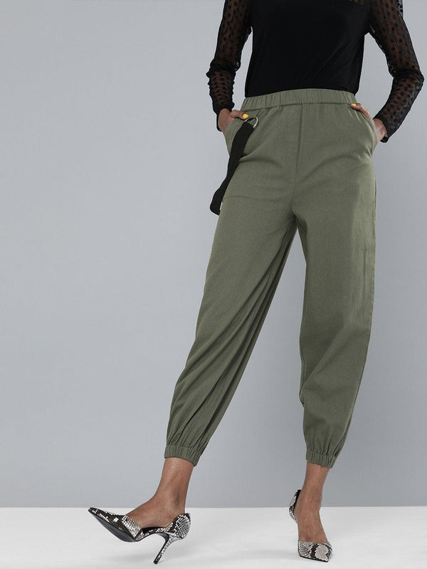 Women's Olive Contrast Tape Detail Joggers - SASSAFRAS - Indiakreations