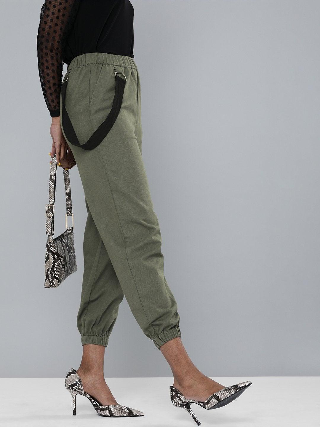 Women's Olive Contrast Tape Detail Joggers - SASSAFRAS - Indiakreations