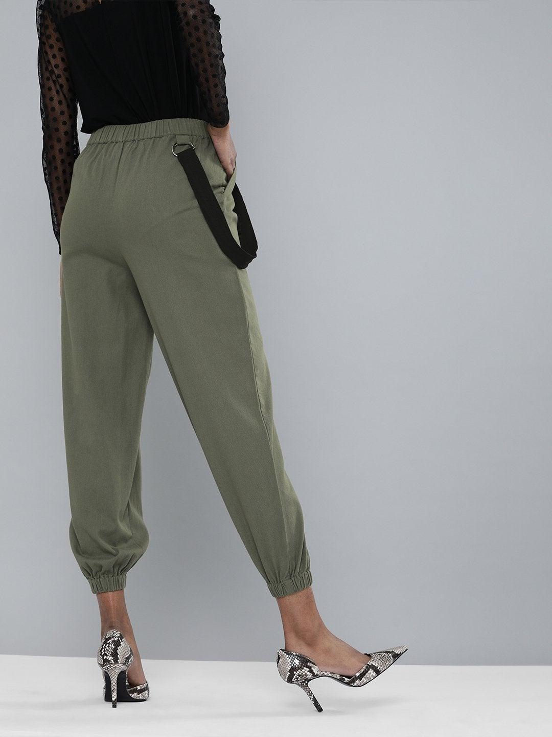 Women's Olive Contrast Tape Detail Joggers - SASSAFRAS - Indiakreations