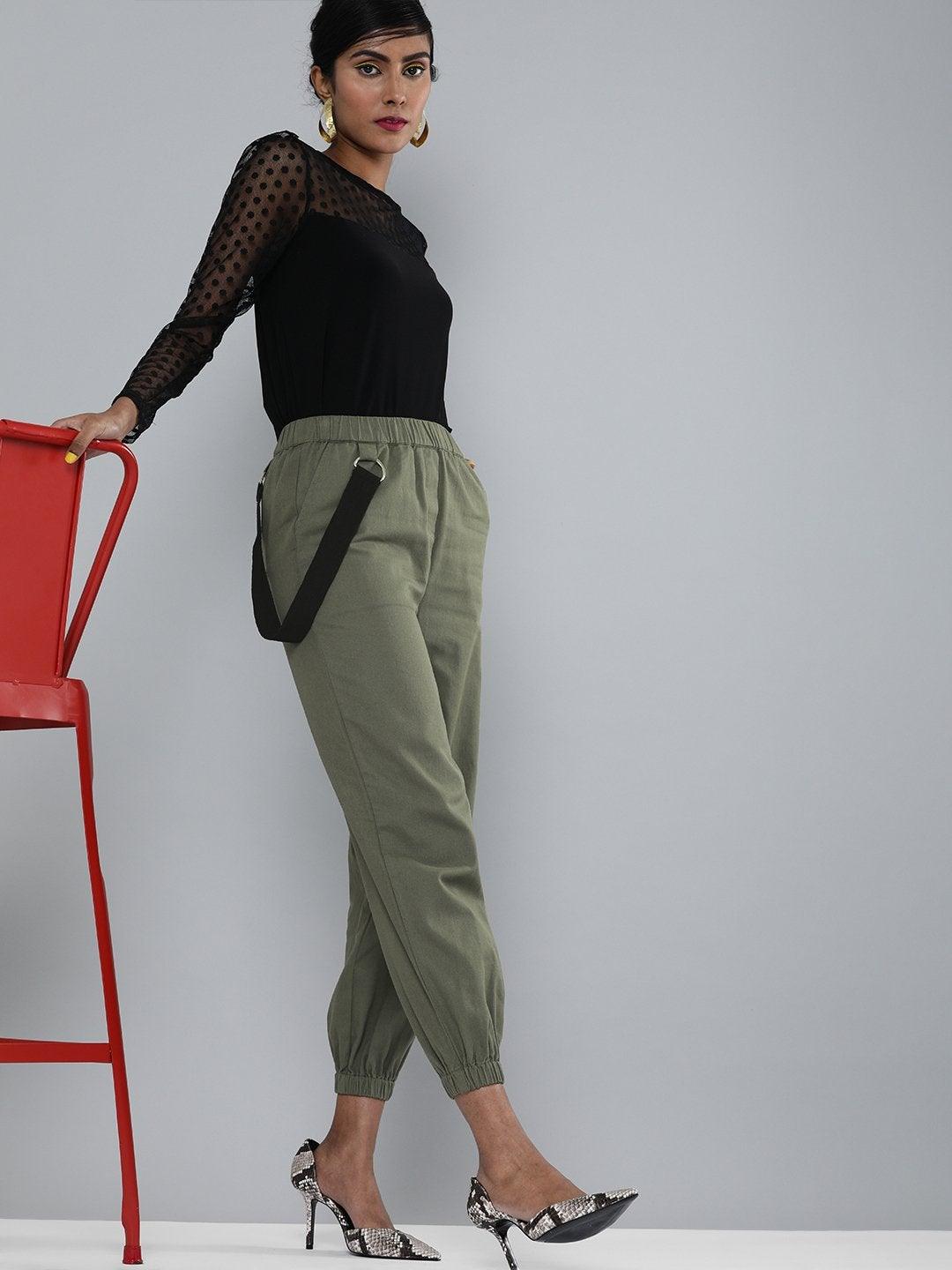 Women's Olive Contrast Tape Detail Joggers - SASSAFRAS - Indiakreations