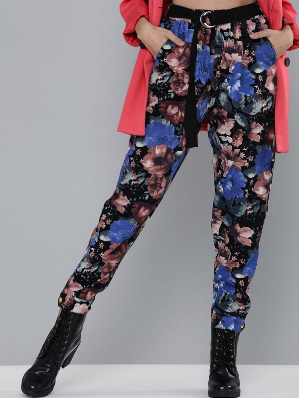 Women's Blue Floral Button Hem Joggers - SASSAFRAS - Indiakreations