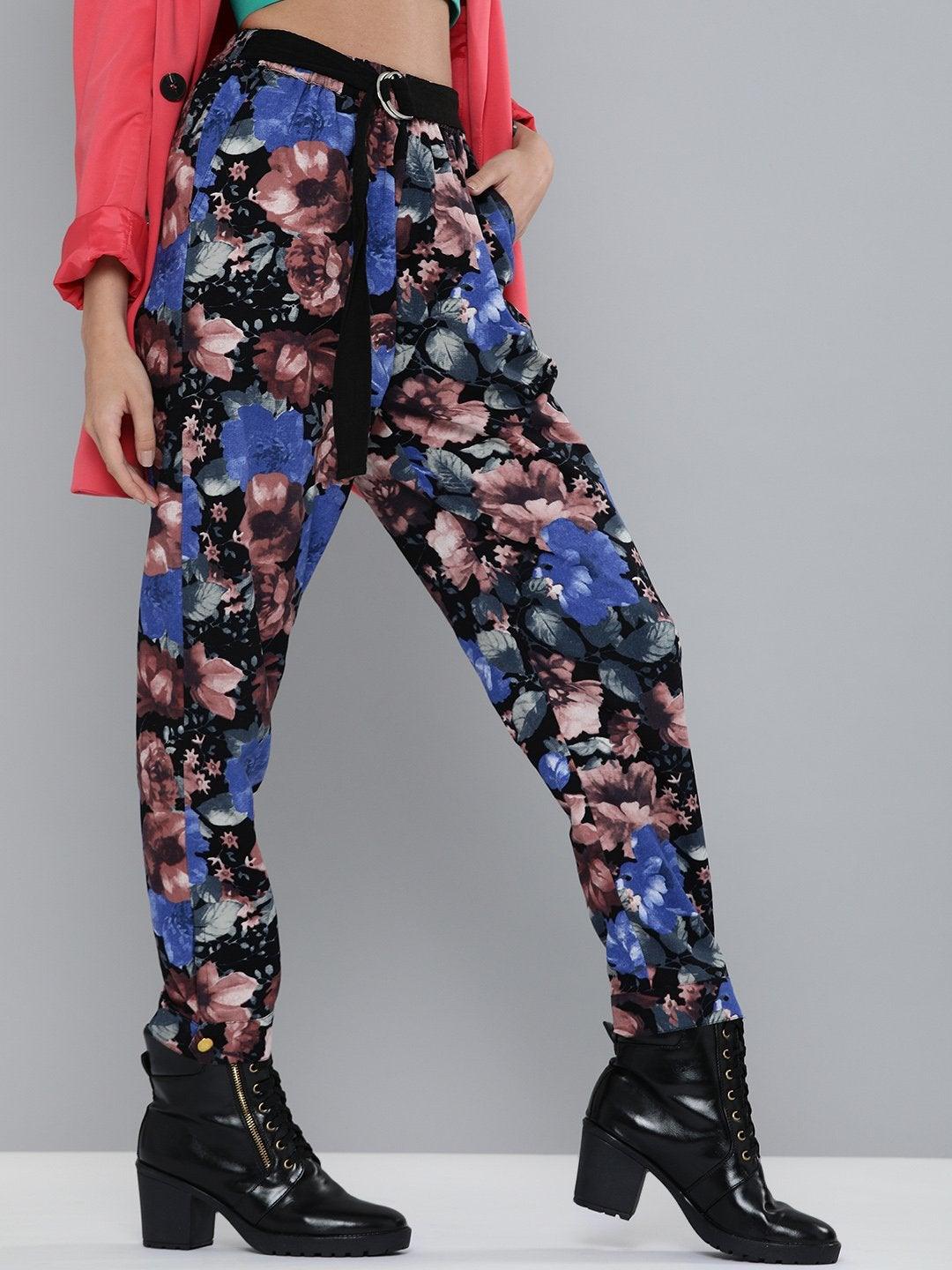 Women's Blue Floral Button Hem Joggers - SASSAFRAS - Indiakreations