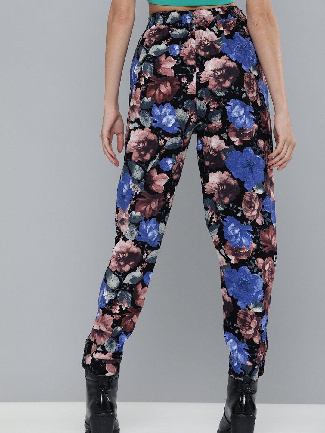 Women's Blue Floral Button Hem Joggers - SASSAFRAS - Indiakreations