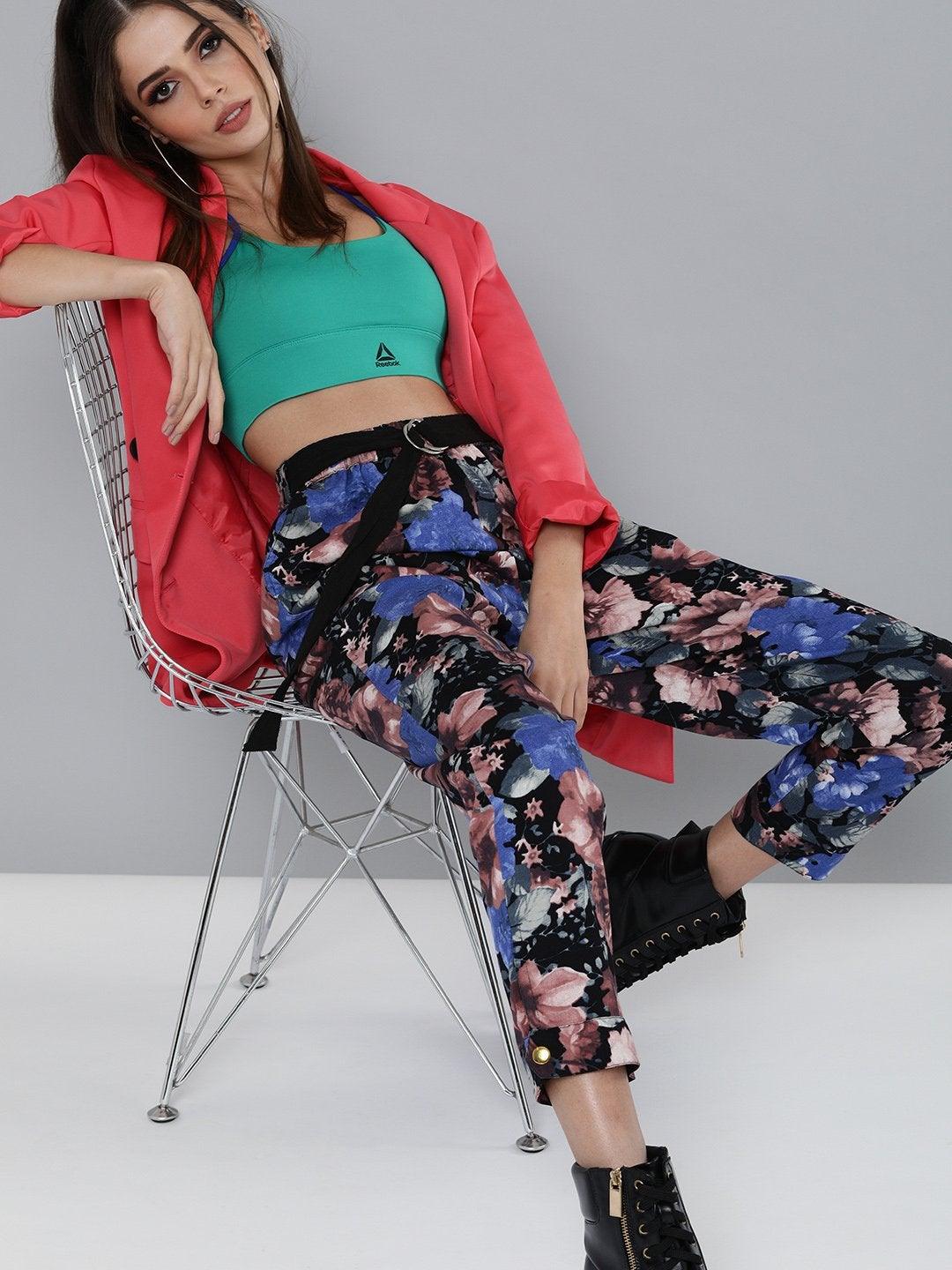 Women's Blue Floral Button Hem Joggers - SASSAFRAS - Indiakreations