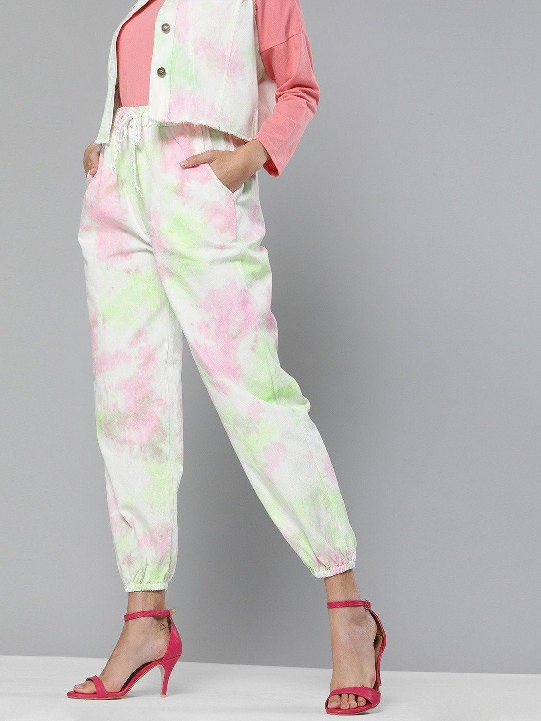 Women's Green & Pink Tie-Dye Twill Joggers - SASSAFRAS - Indiakreations