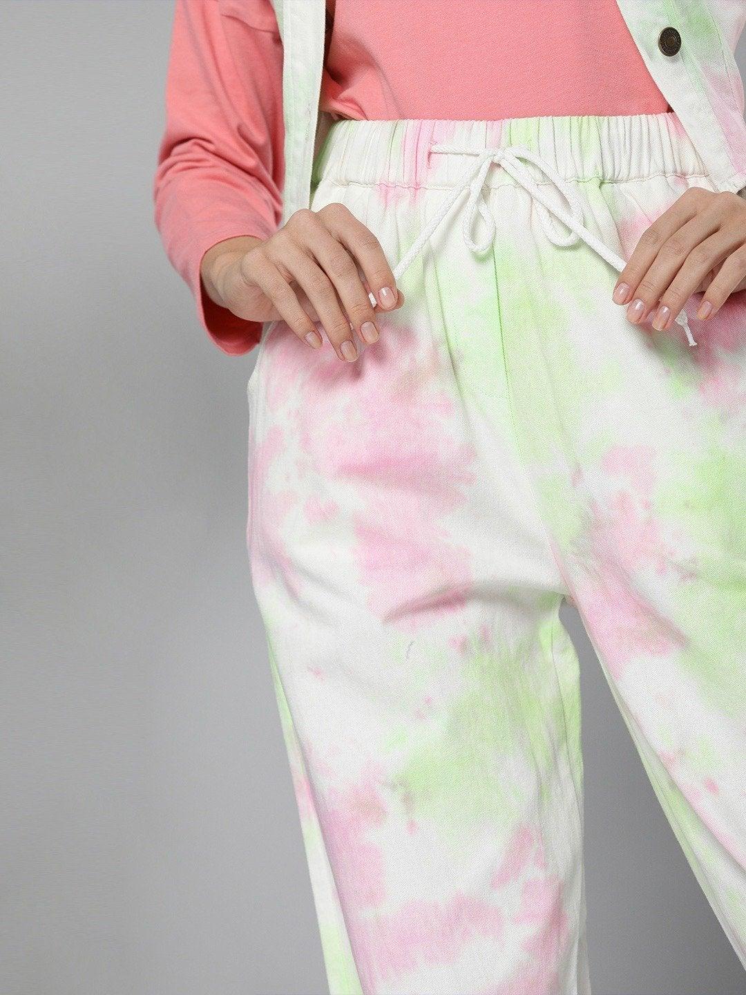 Women's Green & Pink Tie-Dye Twill Joggers - SASSAFRAS - Indiakreations