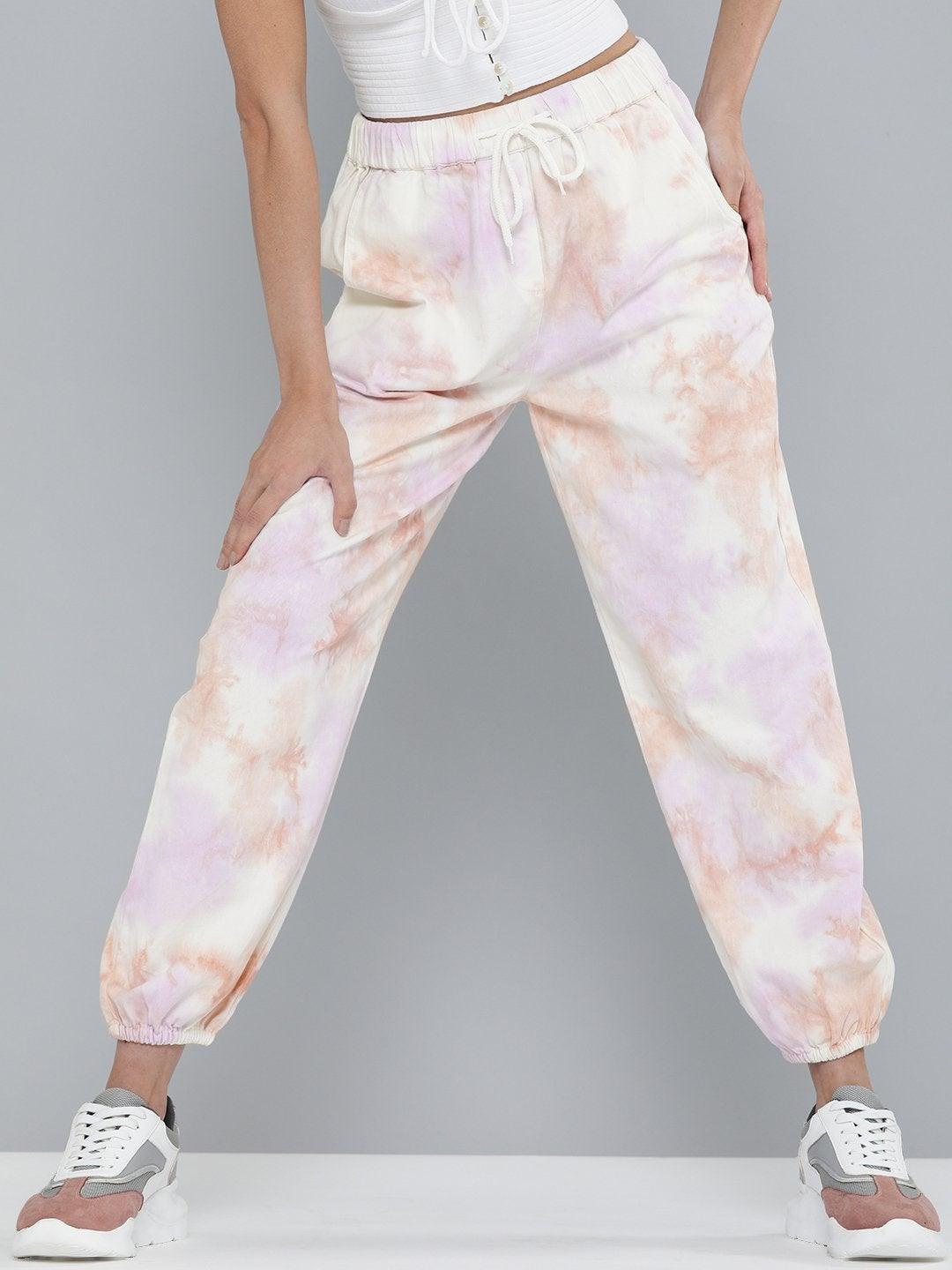 Women's Peach & Purple Tie-Dye Twill Joggers - SASSAFRAS - Indiakreations