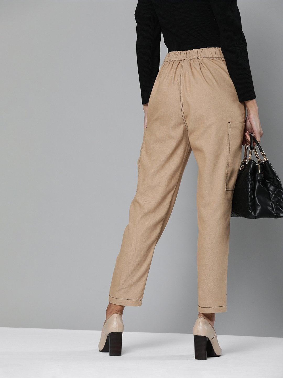 Women's Khaki Contrast Stitch Zipper Fly Pants - SASSAFRAS - Indiakreations