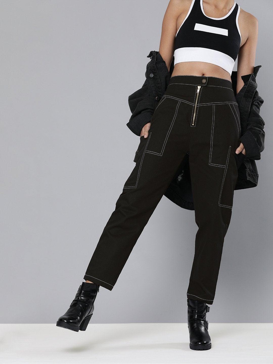 Women's Black Contrast Stitch Zipper Fly Pants - SASSAFRAS - Indiakreations