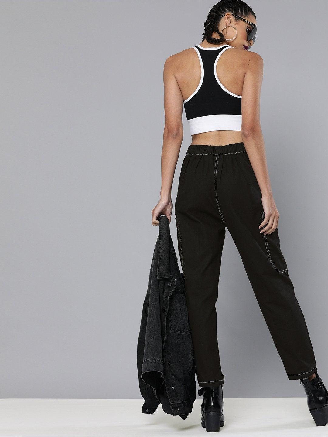 Women's Black Contrast Stitch Zipper Fly Pants - SASSAFRAS - Indiakreations