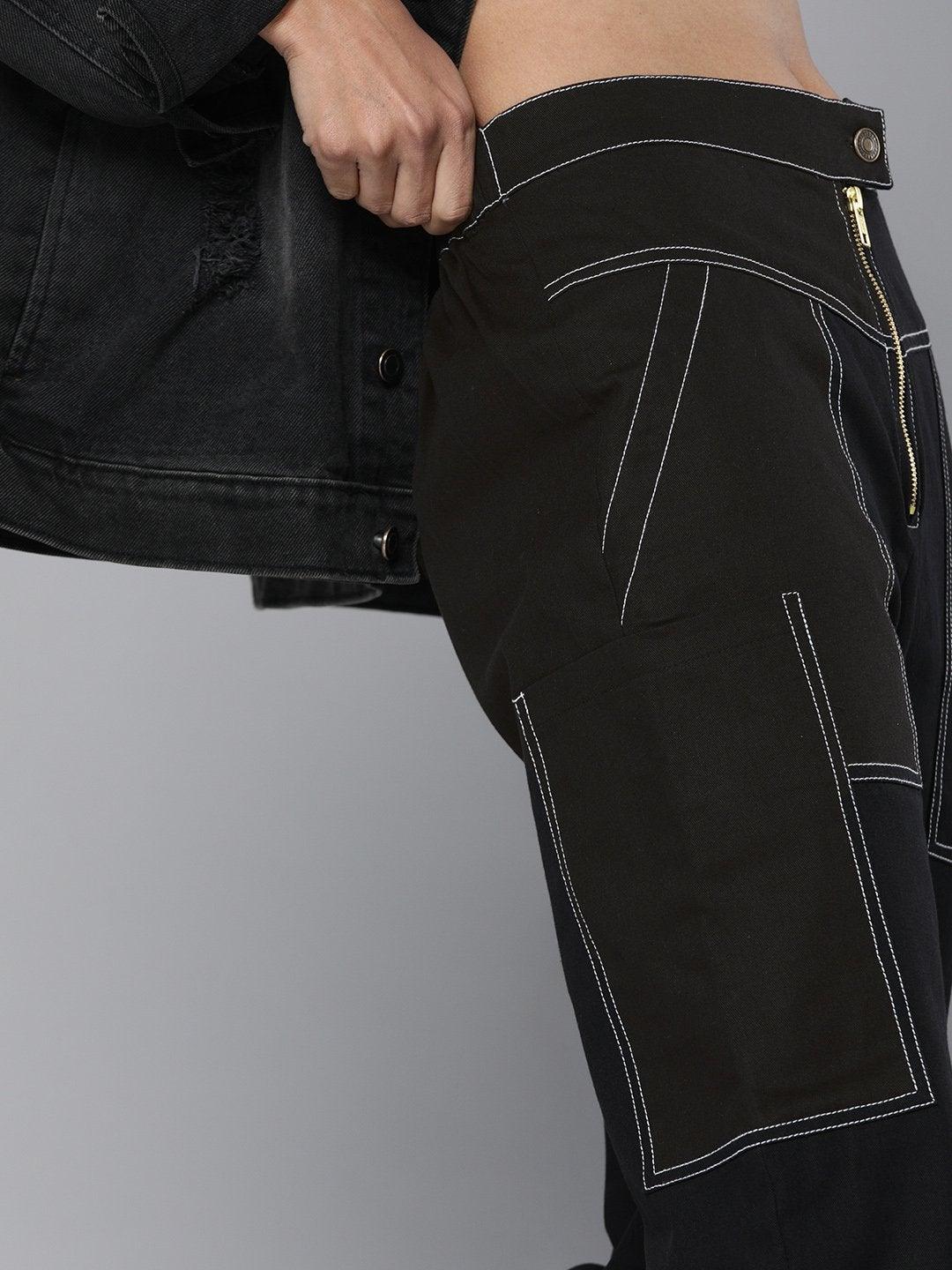 Women's Black Contrast Stitch Zipper Fly Pants - SASSAFRAS - Indiakreations