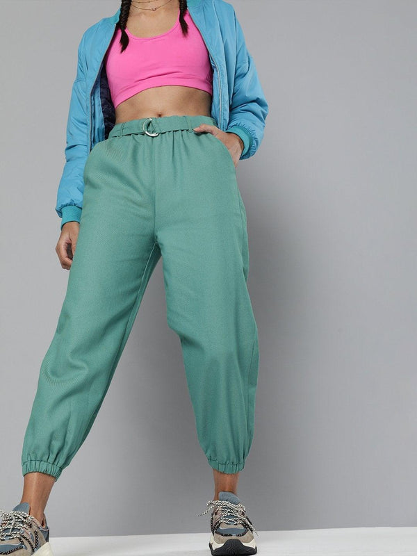 Women's Sea Green Belted Joggers - SASSAFRAS - Indiakreations