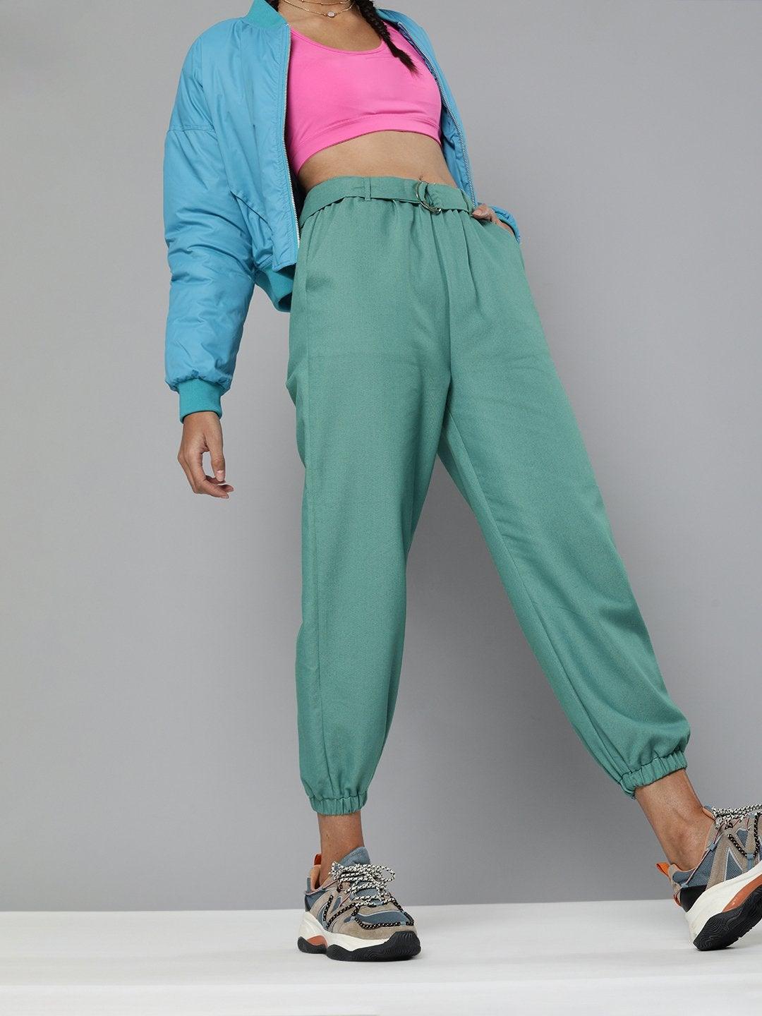 Women's Sea Green Belted Joggers - SASSAFRAS - Indiakreations