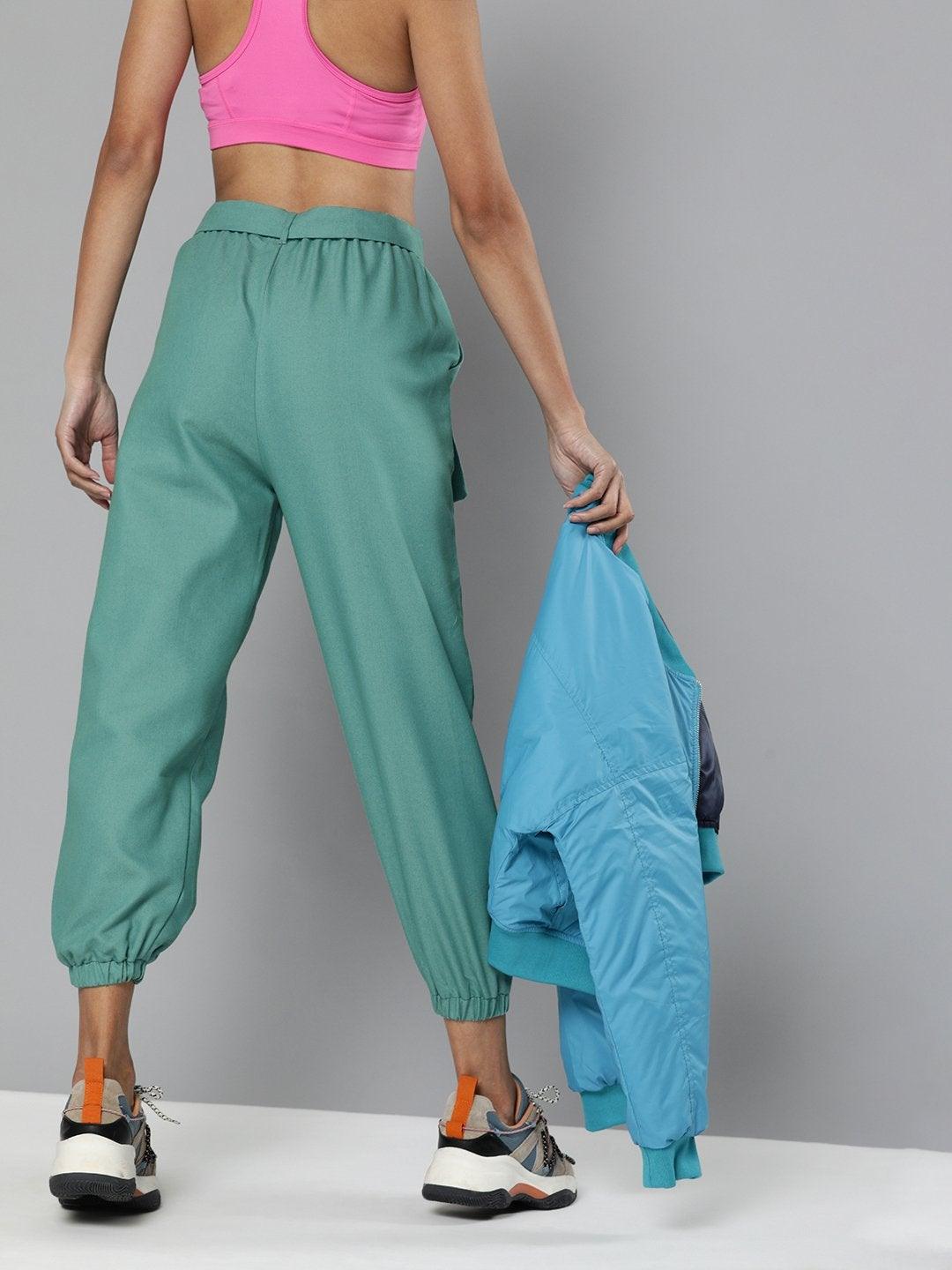 Women's Sea Green Belted Joggers - SASSAFRAS - Indiakreations