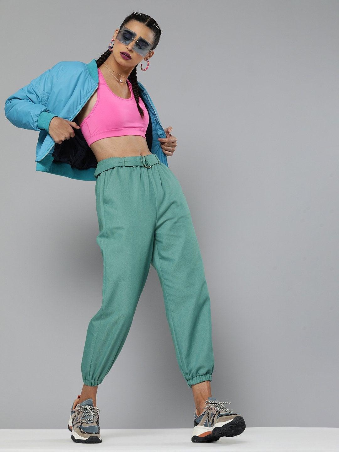 Women's Sea Green Belted Joggers - SASSAFRAS - Indiakreations