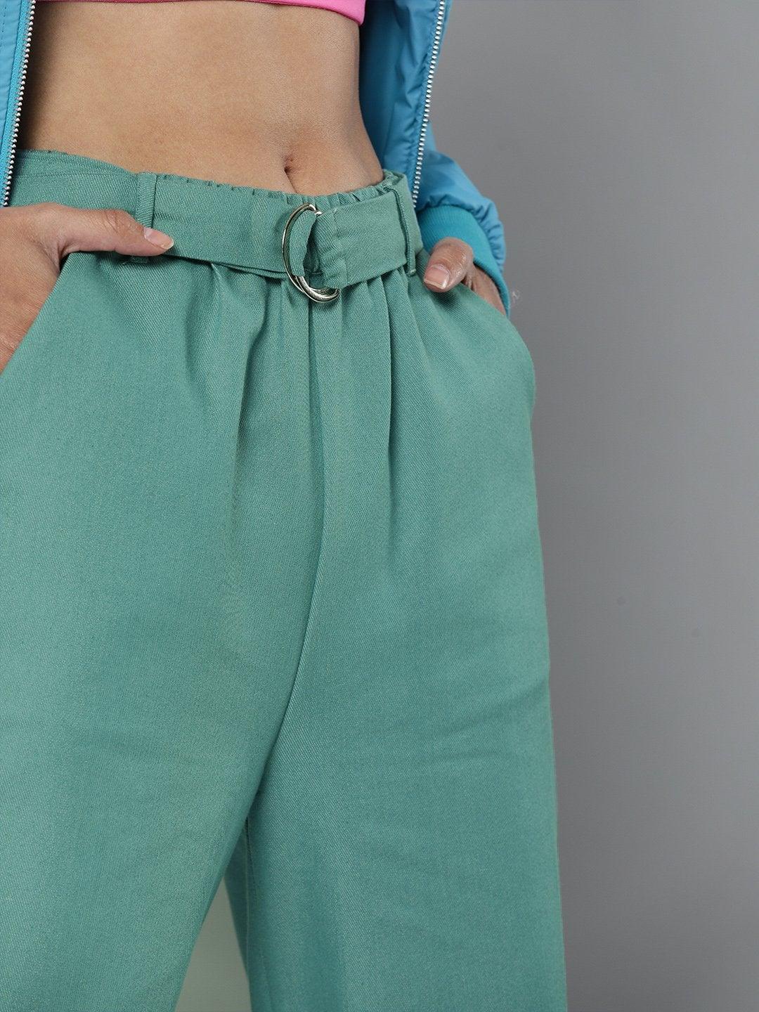 Women's Sea Green Belted Joggers - SASSAFRAS - Indiakreations