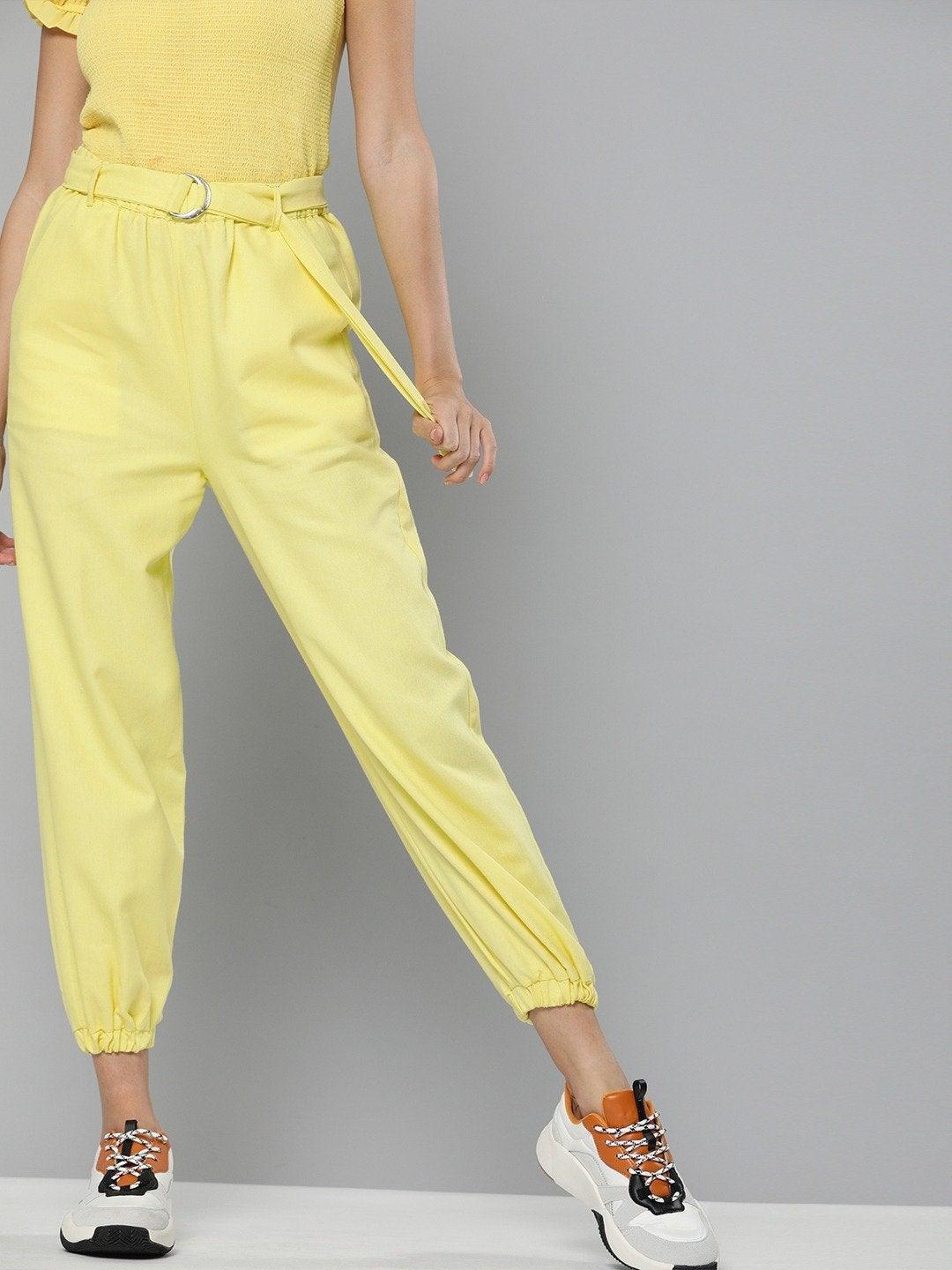 Women's Yellow Belted Joggers - SASSAFRAS - Indiakreations